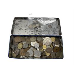 Great British and World coins including various silver threepence pieces, Netherlands 1940 one Gulden, King George VI Canada 1949 fifty cent, Queen Elizabeth II 1996 five pounds, two engraved tokens made from Victorian threepence coins etc