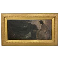 English School (Late 19th/Early 20th century): Angel Beside Cloaked Grieving Figure, oil on canvas unsigned 57cm x 125cm