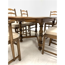 Ercol golden dawn elm extending dining table with fold out leaf (H74cm, 107cm x 162cm - 212cm), and set six (4+2) dining chairs