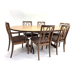  G-Plan - Mid 20th century teak extending dining table with concealed folding leaf, (208cm x 107cm, H73cm) together with set six (4+2) G-Plan teak upholstered dining chairs, (W57cm)  