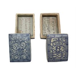 Two 18th/ 19th century blue and white rectangular boxes, both having inscriptions to the interior and scrolled decoration to the cover, L11.5cm (2)