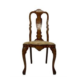 19th century Dutch style walnut chair, the cresting rail with foliate inlays over splat decorated with urn, bird and floral inlay, raised on cabriole supports with ball and claw supports  