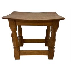 Mouseman - adzed oak joint stool, dished top on four octagonal supports united by stretchers, carved with mouse signature, by the workshop of Robert Thompson, Kilburn