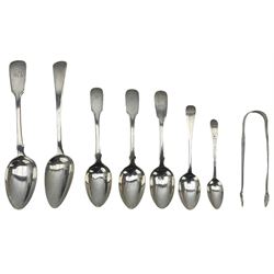 George III silver table spoon London 1808 Maker Stephen Adams, Victorian silver table spoon, pair of George IV fiddle pattern dessert spoons London 1828 Maker Robert Hennell, another dessert spoon, two teaspoons and a pair of sugar tongs (8)
