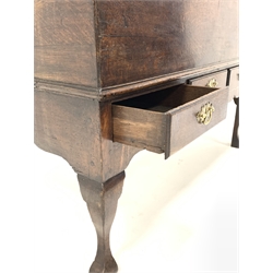Late 18th century oak mule chest, hinged top revealing interior fitted with candle tray and three small drawers, raised on cabriole supports