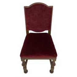 19th century oak armchair or carver dining chair, turned and lobe carved supports with rear spiral turned back rest supports, back and seat upholstered in crimson fabric (W55cm H102cm); and set four later similar dining chairs (W47cm H95cm)