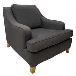 Multi York - low armchair upholstered in grey fabric, raised on square and tapering supports