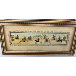 Middle Eastern (20th century) Hunting Scene and Figures on Horseback, two painted plaques unsigned and two other painted plaques depicting Figures in a Wooded Landscape, 15cm x 3.5cm max (4) 
