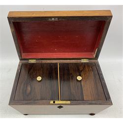 Regency rosewood sarcophagus shape tea caddy, the interior with two lidded compartments and on compressed bun feet L23cm 