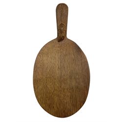 Mouseman - adzed oak cheeseboard, the handle carved with mouse signature, by Robert Thompson of Kilburn, L40cm x D20cm