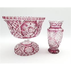 Large Bohemian cranberry overlay cut glass pedestal bowl H129cm with matching vase (2)