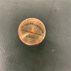Green gun case  inscribed ' Captain C.M.R. Schwerdt R.N. United Service Club London  L91cm