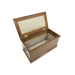 Late 19th / Early 20th century oak silver chest, the hinged lid lifting to reveal baize lined lift out tray, metal carry handle to each end, on a skirted base