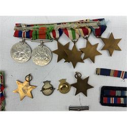 Group of six WWII medals including 1939-45 Star, Africa, Italy and France and Germany Stars, other loose medals including George VI Naval Long Service and Good Conduct medal, etc