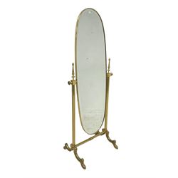 French style gilt metal oval swing cheval dressing mirror, bevelled plate supported by reeded columns with turned finials, splayed and scrolled cabriole supports joined by reeded stretcher 170cm x 65cm