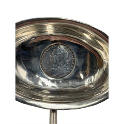 Georgian silver toddy ladle, the bowl set with a George II 1798 silver shilling on a balleen twist handle, L33cm