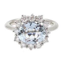 18ct white gold oval aquamarine and diamond cluster ring, hallmarked, aquamarine approx 2.20 carat, diamond total weight approx 0.70 carat  