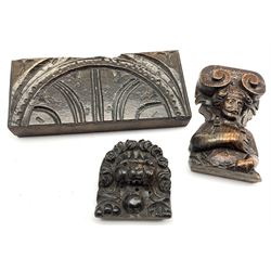 17th Century oak carving of a male figure 15cm x 7cm, a carved lion mask and a small carved oak panel