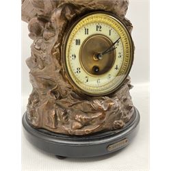 Bronzed figural spelter clock with French timepiece movement depicting a sailor in a boat labelled 'Rescue' H64cm