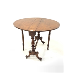 Victorian walnut drop leaf oval table, raised on four scroll carved splayed supports united by turned stretcher