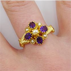 Silver-gilt amethyst and pearl flower cluster ring, stamped Sil