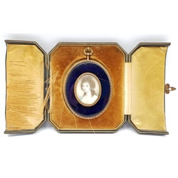 English School (19th century): Portrait of a Young Lady, watercolour and bodycolour miniature on ivory unsigned, within cobalt blue guilloche enamel border (reverse a/f), verso centred with woven hair, in gold mount (tested), 8cm x 7cm overall