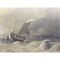 English School (19th century): Sailing Ship in Choppy Seas, watercolour unsigned together with a lithograph of 'North Front of the Divinity School' max 34cm x 44cm (2)