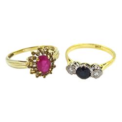 Gold three stone sapphire and diamond ring, stamped 18ct and a ruby and cubic zirconia cluster ring, stamped 9K