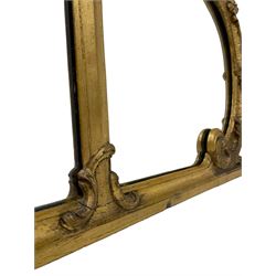 19th century giltwood and gesso overmantel mirror, triple mirror panes in scalloped frame decorated with c-scrolls and trailing foliage 