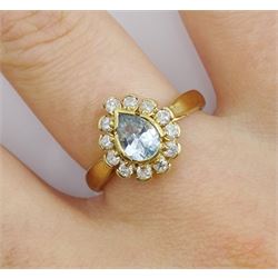 Gold pear shaped aquamarine and round brilliant cut diamond cluster ring, hallmarked 9ct