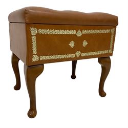 Cabriole box stool, hinged seat upholstered in buttoned fabric