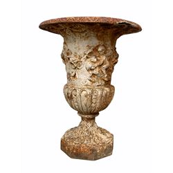 Classical design cast iron urn, flared rim over body decorated with floral swags and cherubs, raised on fluted socle and octagonal base H61cm