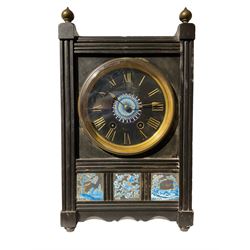 French - 19th-century 8-day slate mantle clock, rectangular case with inset blue and white panels entitled Earth, Air and Water in the aesthetic style, with a black slate dial engraved with contrasting gilt Roman numerals and a conforming blue and white patterned centre, twin barrel movement striking the hours on a coiled going. With pendulum.
