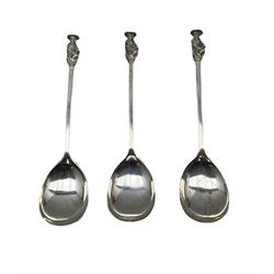 Three silver spoons with St Cuthbert finials L20cm London 1908 Maker Josiah Williams & Co 6.5oz