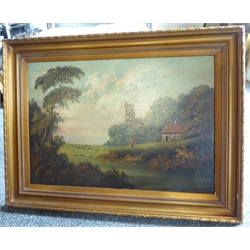  English Primitive School (19th century): Landscape with Ruined Castle and Sheep Grazing, oil on canvas unsigned 45cm x 65cm   