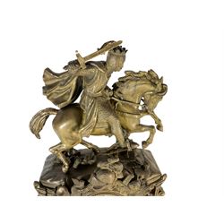 French - mid 19th century gilt spelter 8-day mantle clock, detailed armorial case with weapons of war, surmounted by a galloping knight crusader, white enamel dial with Roman numerals, minute track and steel moon hands, Parisian count wheel striking  movement, striking the hours and half hours on a bell. With pendulum and key.
