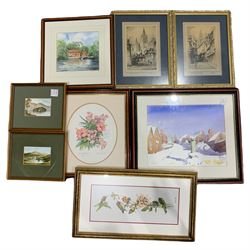J Barrywhiting (British 20th century): 'The Old Mill Sutton on Derwent', watercolour signed; Steve Richards (British 20th century): Snowy Village, watercolour signed together with 5 prints and a cross stitch max 30cm x 35cm (8)
