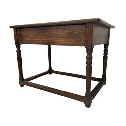 17th century design oak joint table, rectangular top, fitted with hidden frieze drawer, raised on turned supports united by stretchers