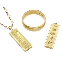 Two gold ingots, gold wedding band and gold chain, all 9ct