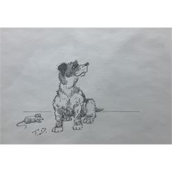 Tom Dodson (British 1910-1991): Terrier with Mouse, pencil drawing signed with initials 9cm x 13cm