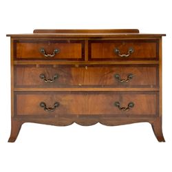 Georgian design mahogany chest, raised back over rectangular cross-banded top, fitted with two short and two long drawers, shaped apron and splayed bracket feet