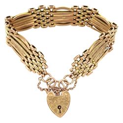 Late 19th/ early 20th century gold engraved and polished seven bar link bracelet, with engraved heart locket clasp, stamped 9ct