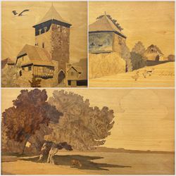 Charles Spindler (French 1865-1938): 'Grussenheim (mirror)' 'In Provence' and 'Dambach', set two framed marquetry pictures and one mirror signed max 51cm x 34cm (3) 