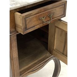 Late 19th century Continental walnut bedside lamp table, with white marble top over drawer and cupboard, raised on moulded cabriole supports 41cm x 41cm, H86cm