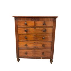 Victorian mahogany chest, fitted with two short and four long drawers, raised on turned supports W120cm, D53cm, H140