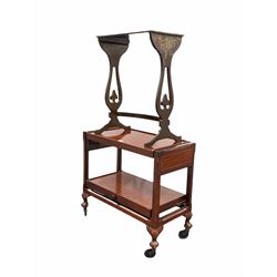 Mahogany metamorphic two tier drinks trolley, together with a Japanese lacquered table, formerly part of a nest 