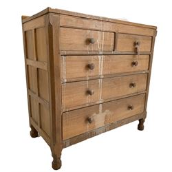 Trevor 'Squirrelman' Hutchinson of Husthwaite - Yorkshire oak chest, fitted with two short and three long drawers raised on short panel sided supports, carved with squirrel signature (W92cm, H94cm, D50cm)