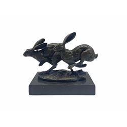  Bronze figure group, modelled as two hares in chase, signed 'Nick' and with foundry mark, upon a rectangular base, overall H12cm, L16cm
