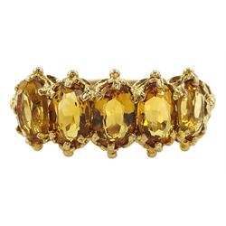 9ct gold five stone oval cut citrine ring, hallmarked