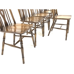 Set six 20th century elm and beach hoop and spindle back kitchen chairs, with pierced splats and turned supports, W37cm
